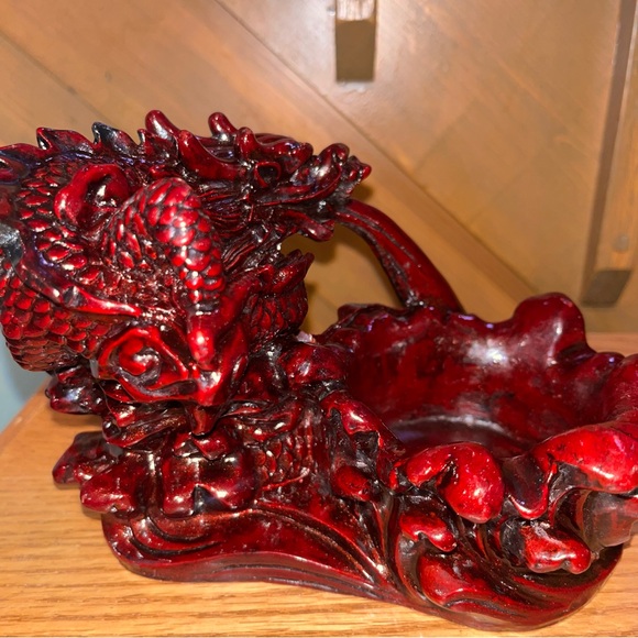 Vintage Chinese Red Lacquer Resin Dragon Holder Candle, Trinket, Ashtray Coins - Picture 6 of 10